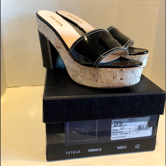 Prada black Patent Cork Wedge Sanadlas SZ 40
